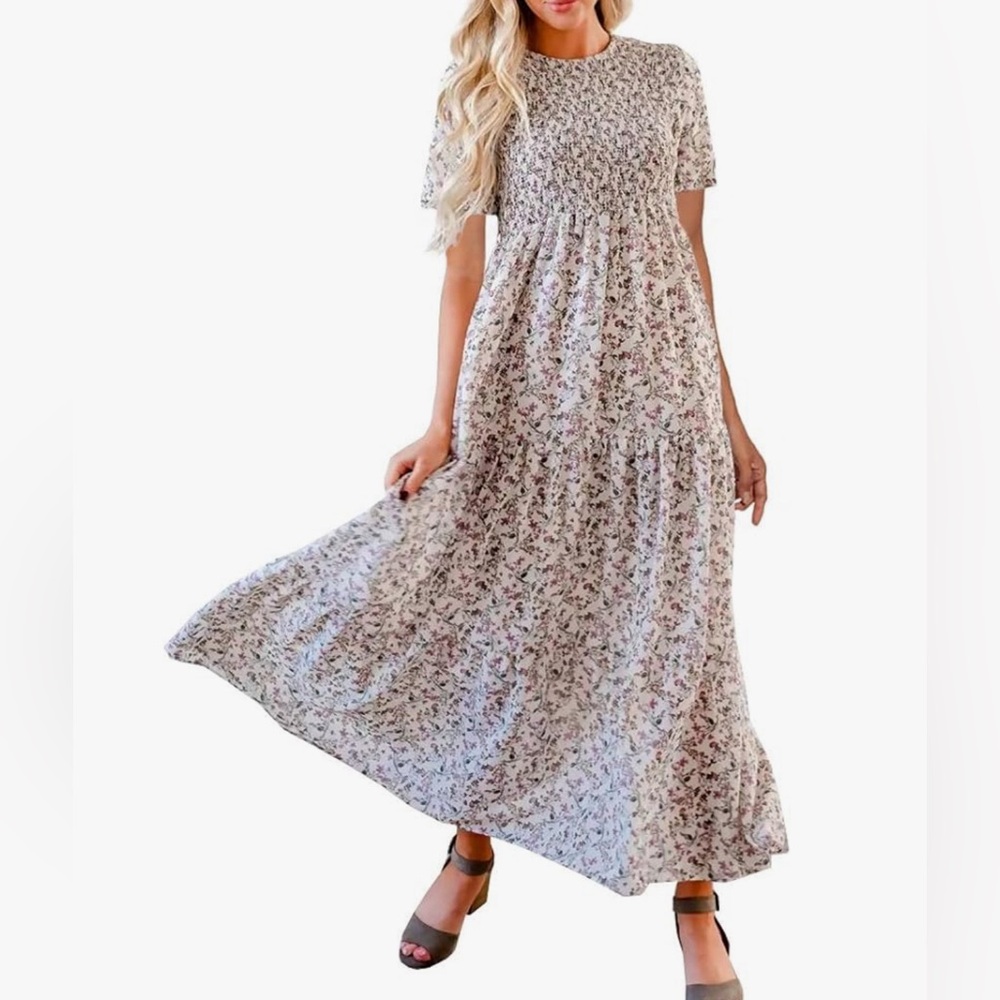 Floral Short Sleeve Midi Dress with smocking